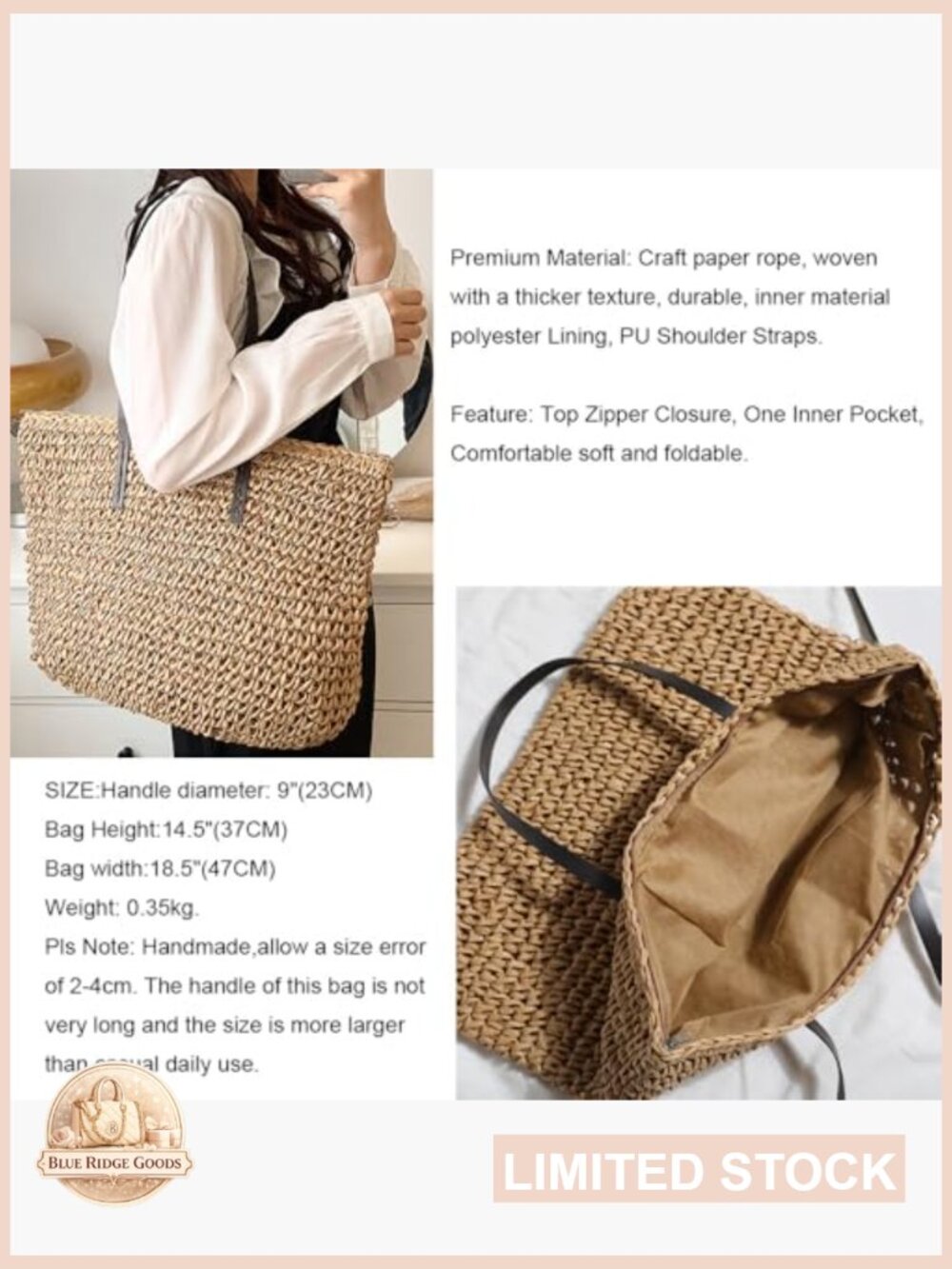Large Straw Tote Bag Handwoven Summer Beach Shoulder Bag Zipper Closure Foldable - Picture 2 of 7